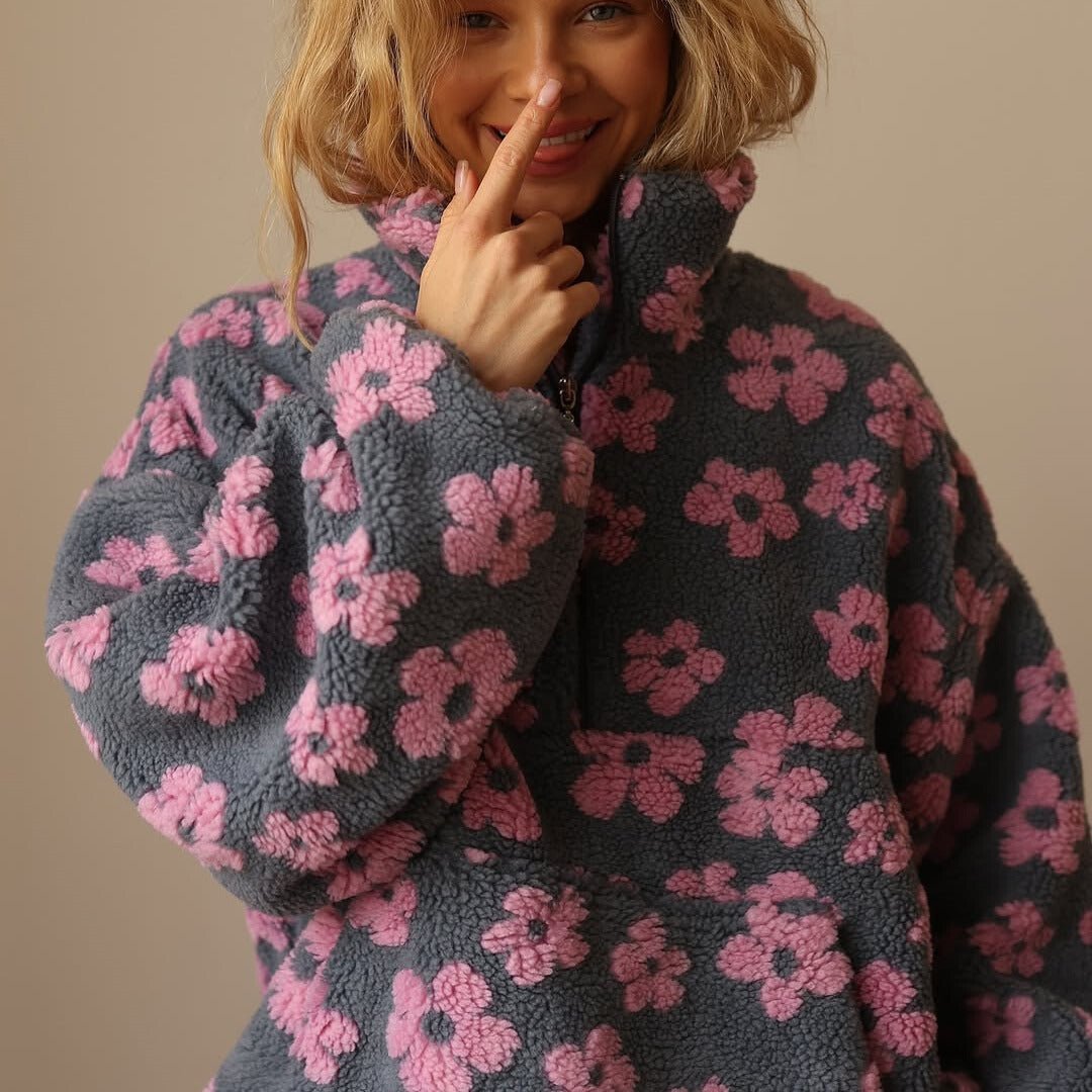 Chic women's floral oversized half-zip sweater, a warm and fashionable pullover for casual winter style.