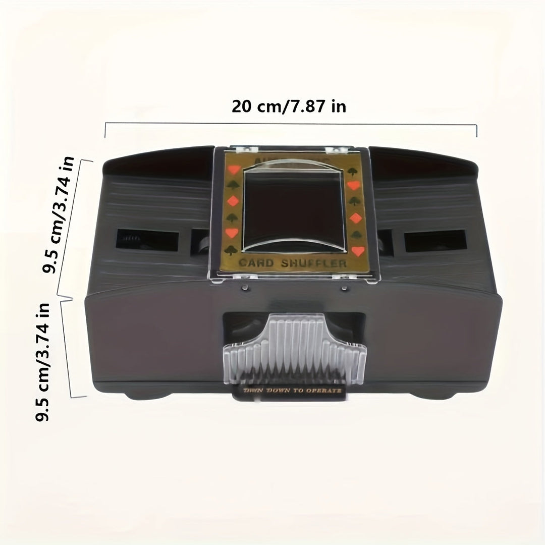 Close-up of an electric card shuffler's slot where cards are fed, ensuring random distribution.