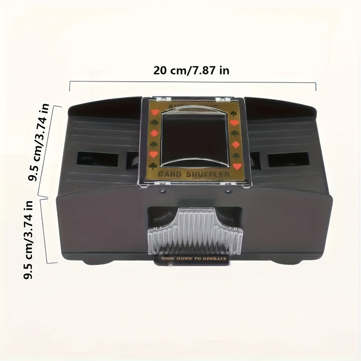 Close-up of an electric card shuffler's slot where cards are fed, ensuring random distribution.
