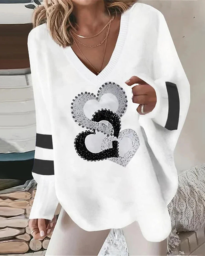 Women's Heart Print V-Neck Jumper - Casual