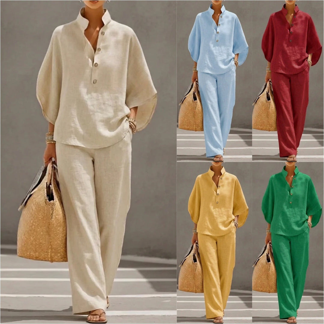 Women's casual short sleeve two-piece outfit in solid color, perfect for summer lounge wear.