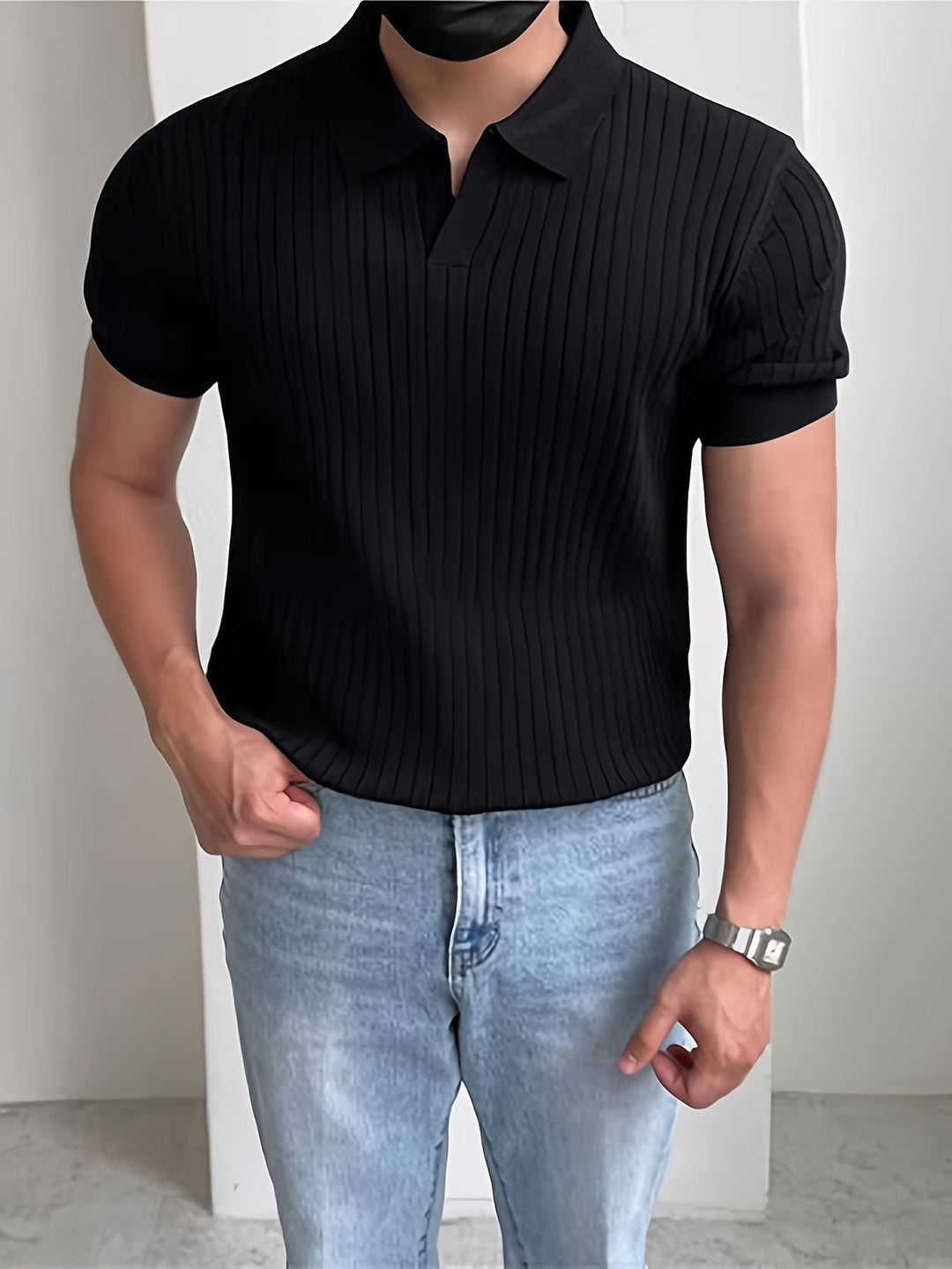 Textured men's ribbed polo, offering elevated style and comfort for modern everyday wear.