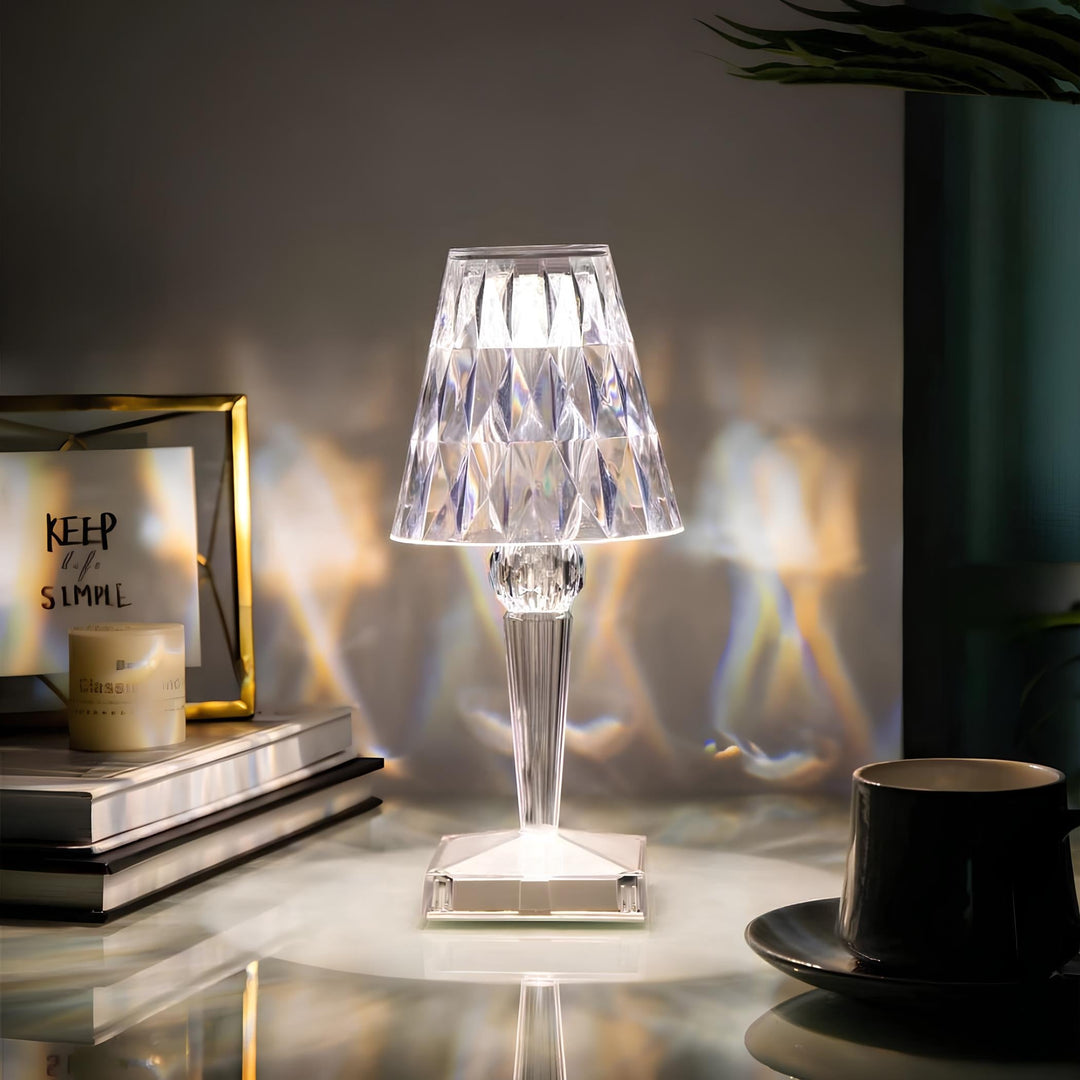 Accent lighting crystal lamp, touch dimming, rechargeable, creates a sparkling ambiance.