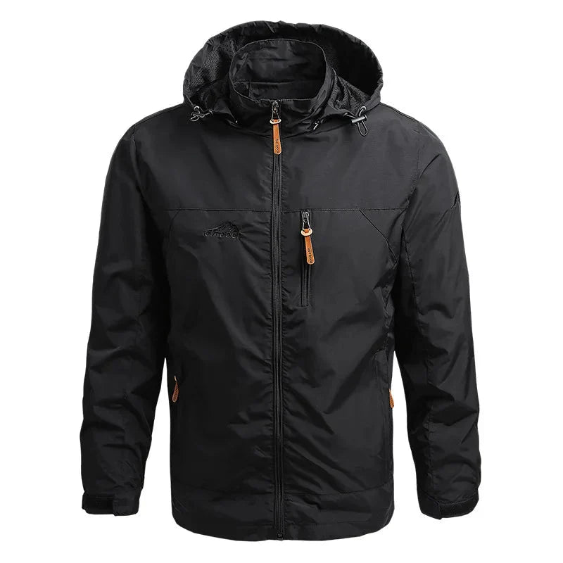 Sleek men's lightweight waterproof windbreaker jacket, durable and protective outerwear.