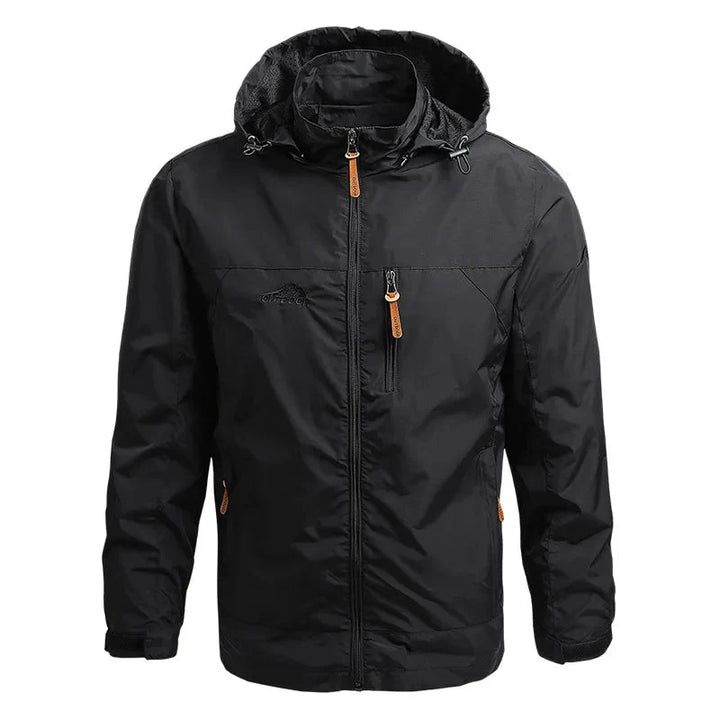 Sleek men's lightweight waterproof windbreaker jacket, durable and protective outerwear.