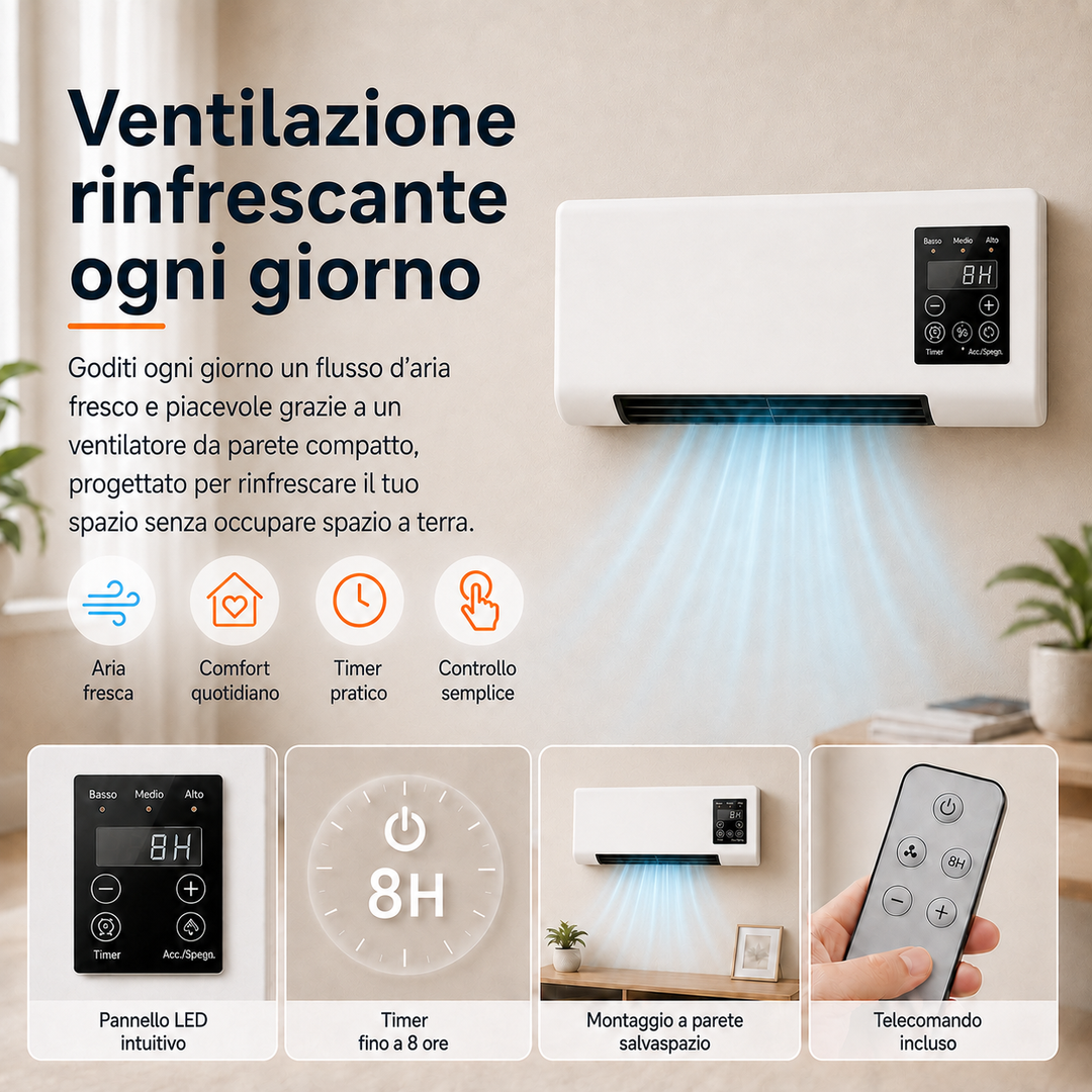 Sleek compact wall fan with remote control, a modern solution for home & office ventilation.