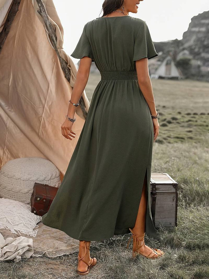 Casual olive green V-neck long boho dress for women. A comfortable and stylish summer or party maxi dress.