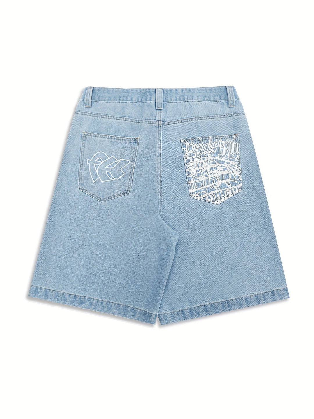 Stylish men's casual denim shorts, loose fit, showcasing beautiful floral embroidery detail.