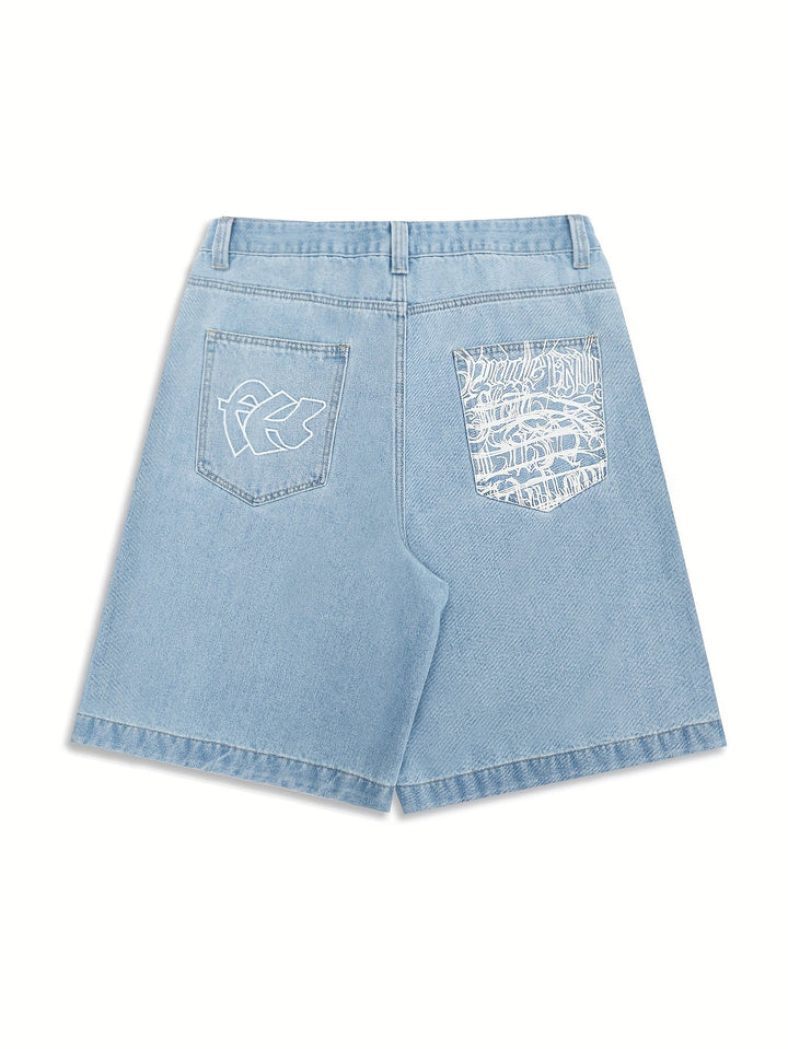 Stylish men's casual denim shorts, loose fit, showcasing beautiful floral embroidery detail.