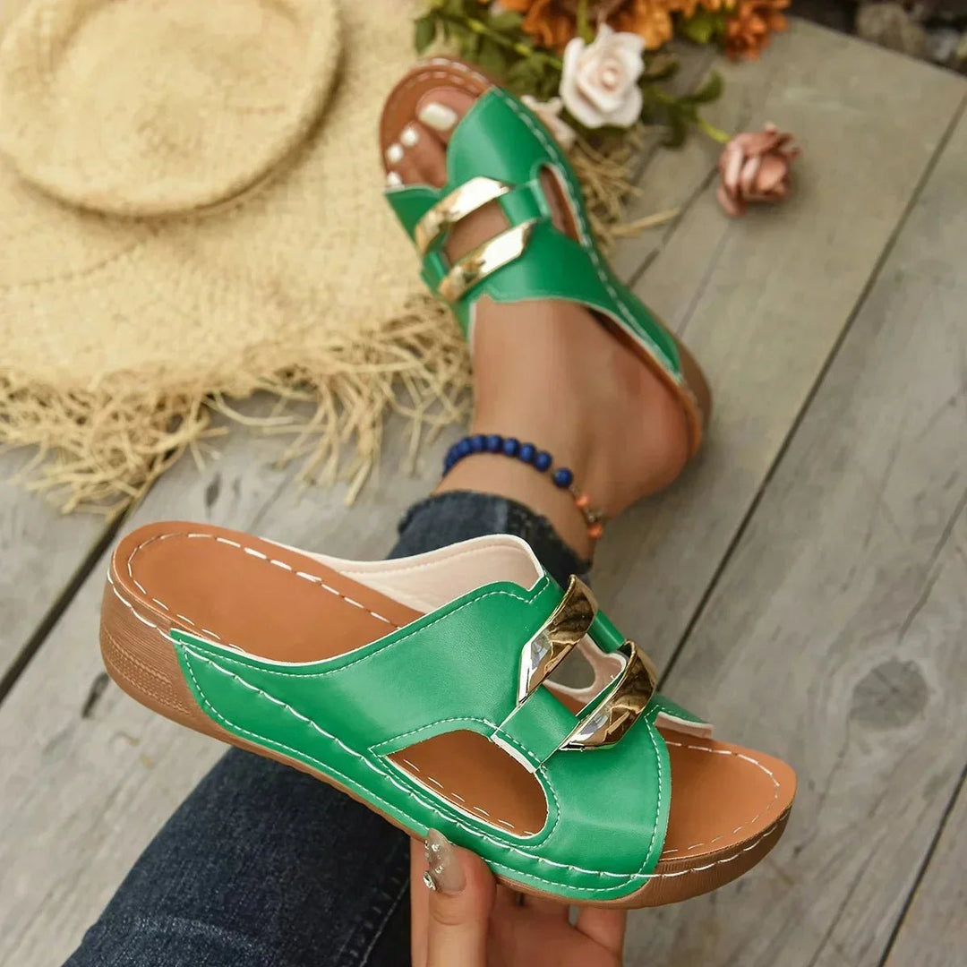 Comfortable women's orthopedic wedge slip-on sandals with excellent foot support for summer.