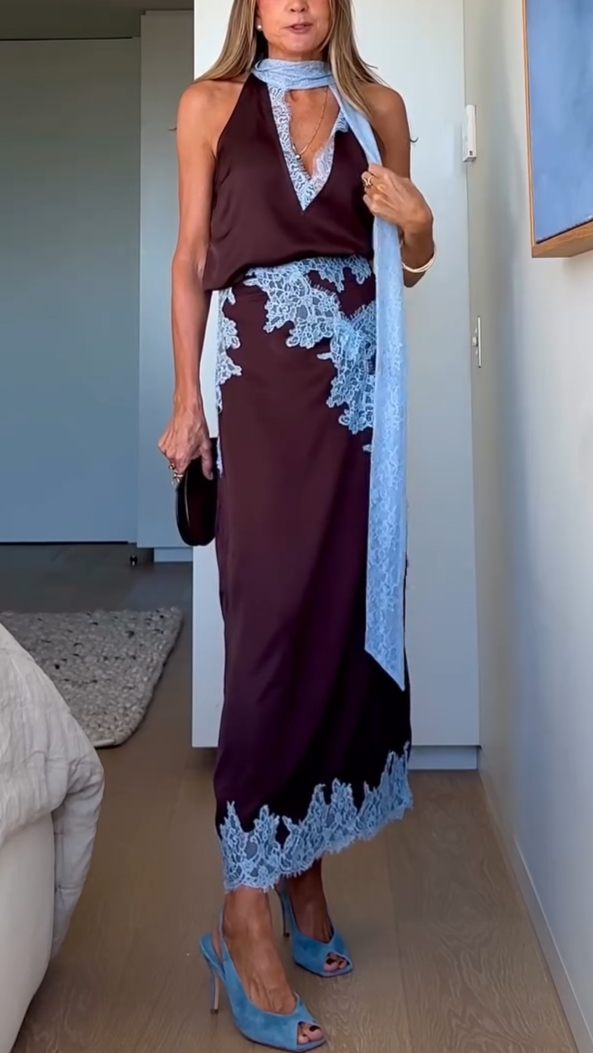 Coordinated women's brown lace panel top and flowy skirt set, a feminine two-piece for any occasion.
