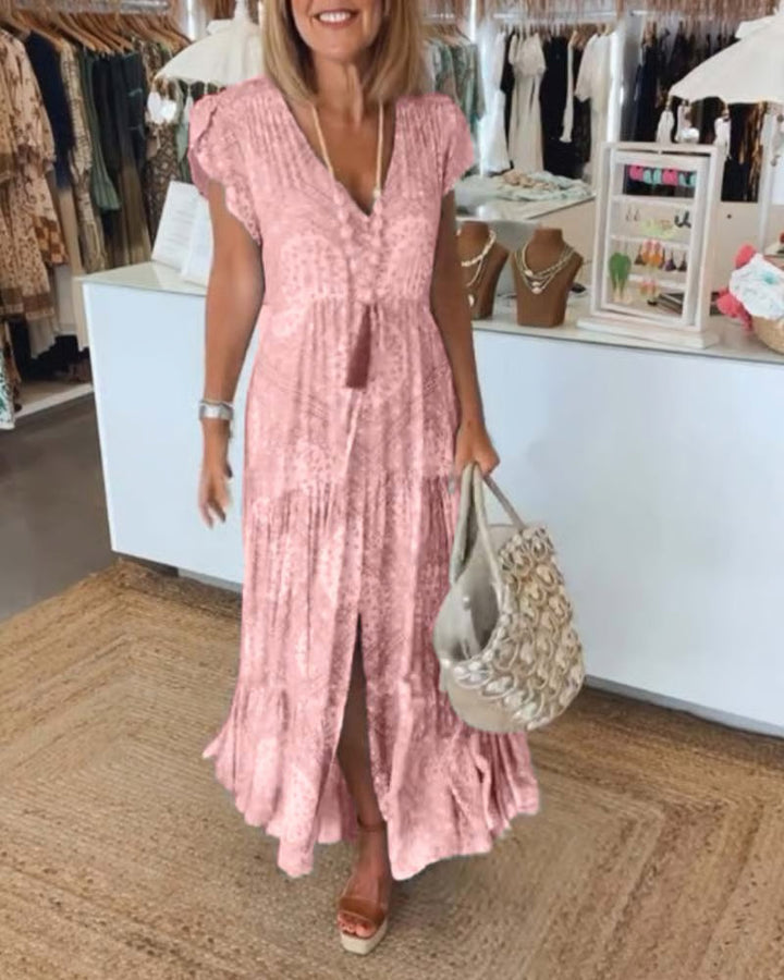 Elegant V-Neck Dress in White, Rosa, Blue