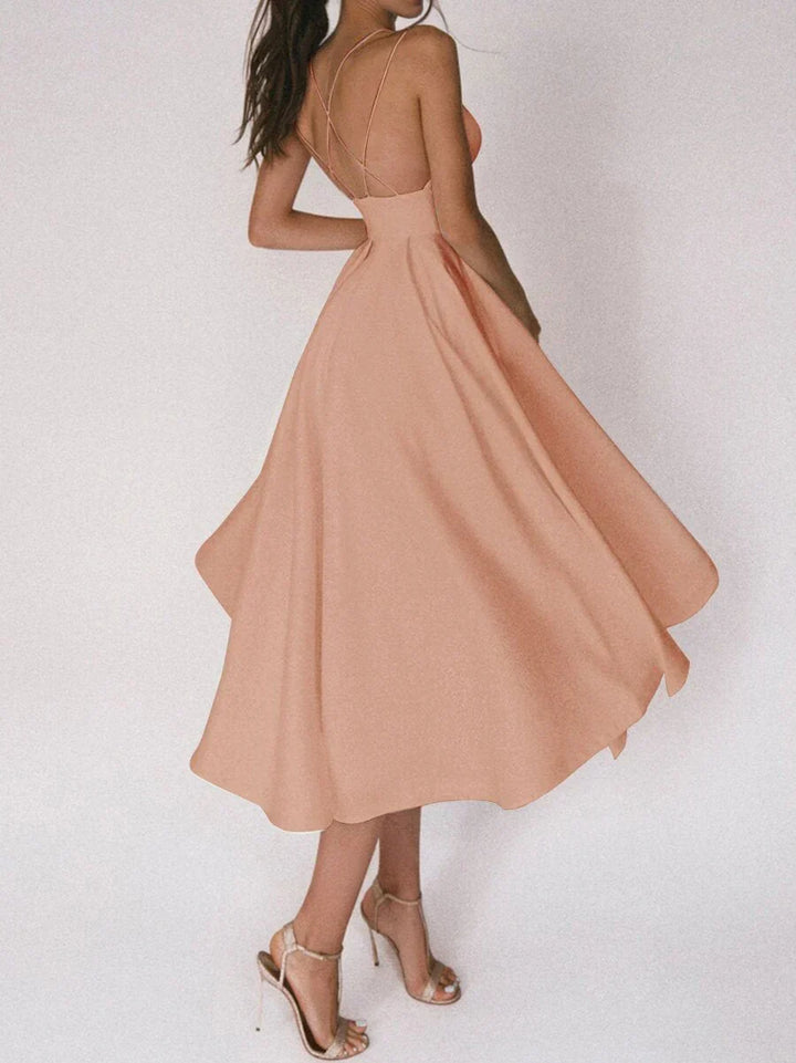 Elegant V-neck strapless wedding guest dress, a sophisticated choice for formal occasions & parties.