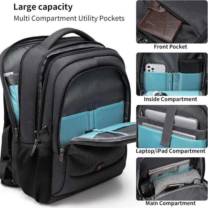 Blue school & work laptop backpack, water-resistant, with USB port & organized pockets.