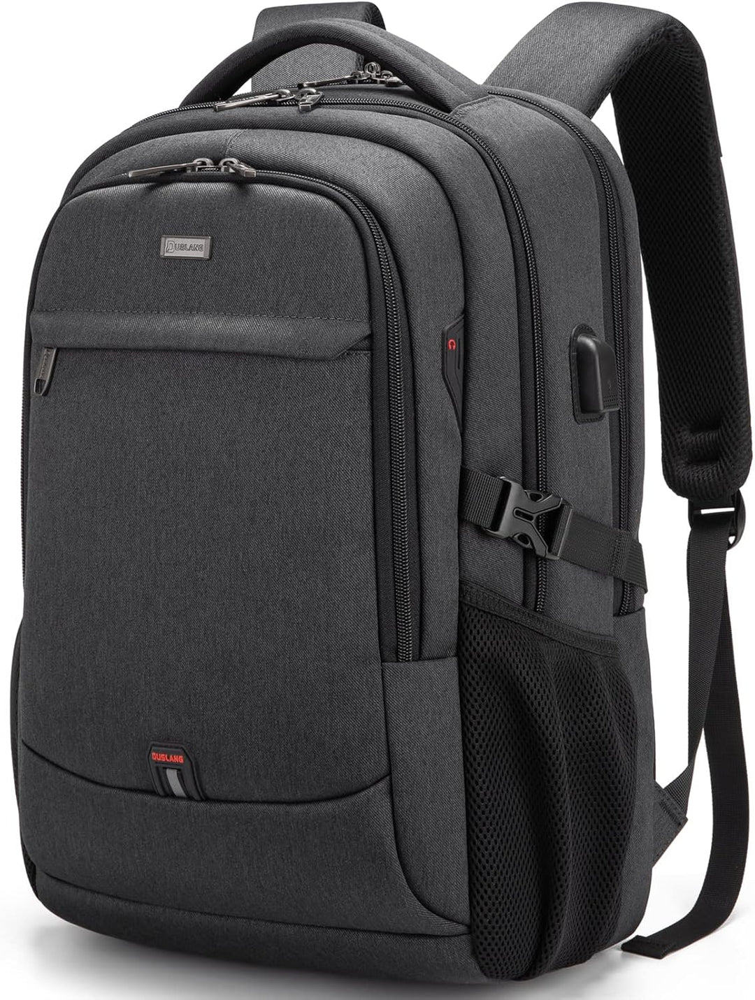 Dark grey unisex travel laptop backpack, water-resistant, USB port, smart storage features.