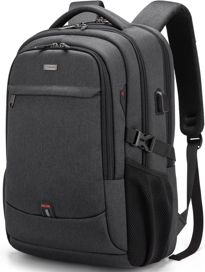 Dark grey unisex travel laptop backpack, water-resistant, USB port, smart storage features.