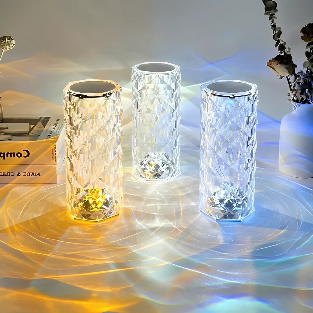 Elegant crystal accent lamp, modern home decor piece, dimmable and color-changing with remote.