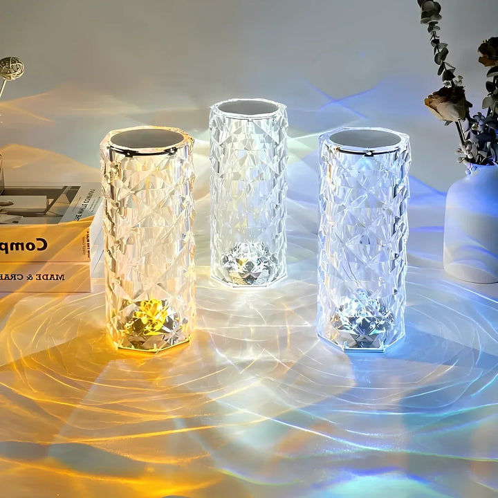 Elegant crystal accent lamp, modern home decor piece, dimmable and color-changing with remote.