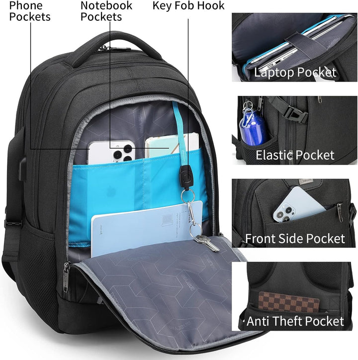 Light grey school laptop bag, durable, water-resistant, USB port & organized for books & tech.