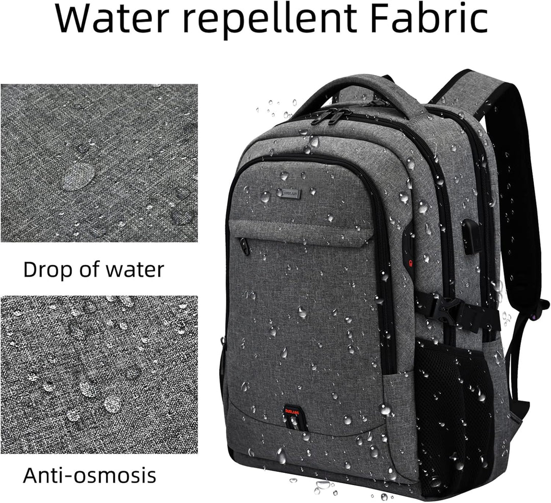 Dark grey carry-on laptop bag, water-resistant, USB port, smart storage for short trips.