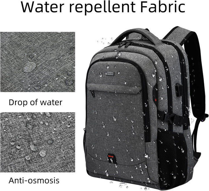 Dark grey carry-on laptop bag, water-resistant, USB port, smart storage for short trips.