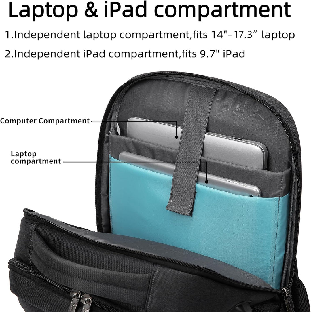 Blue school & work backpack, water-resistant, USB port, organized compartments for students.