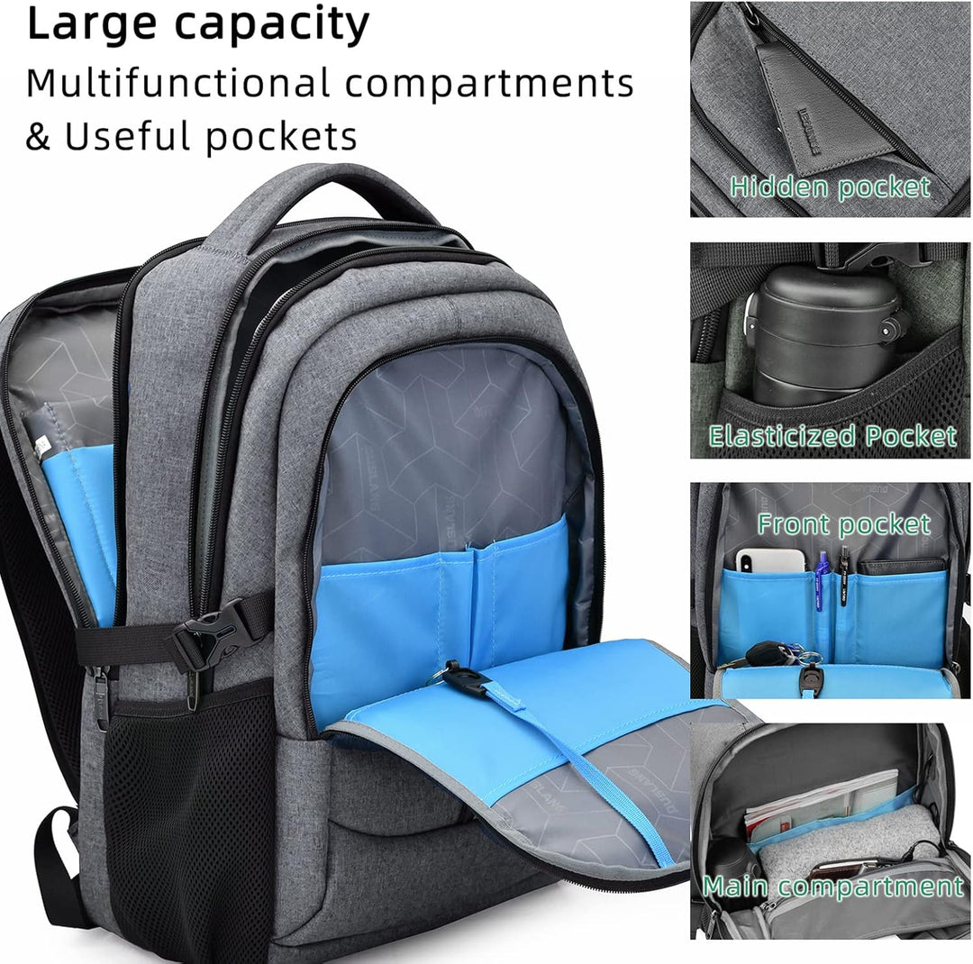 Light grey tech travel backpack, water-resistant, USB port, smart storage for laptops & devices.