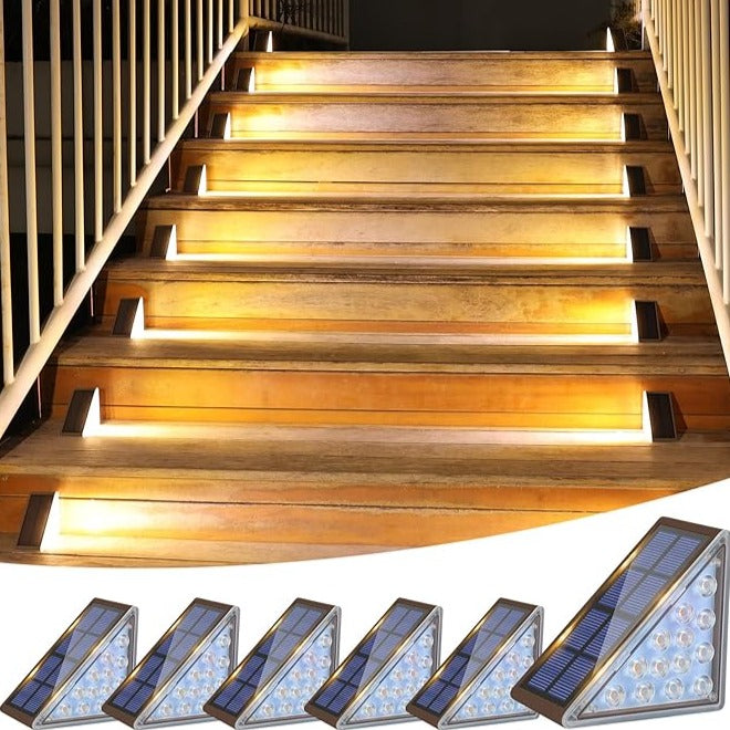 Array of dusk-to-dawn solar lights enhancing a patio area, perfect for exterior lighting & garden decor.