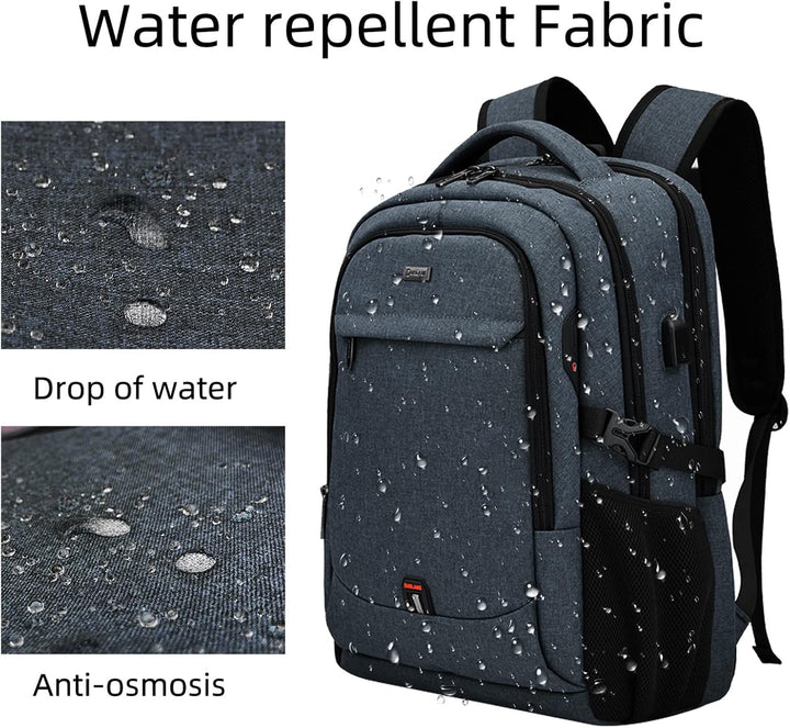 Blue school & work backpack, water-resistant, USB port, organized compartments for textbooks.
