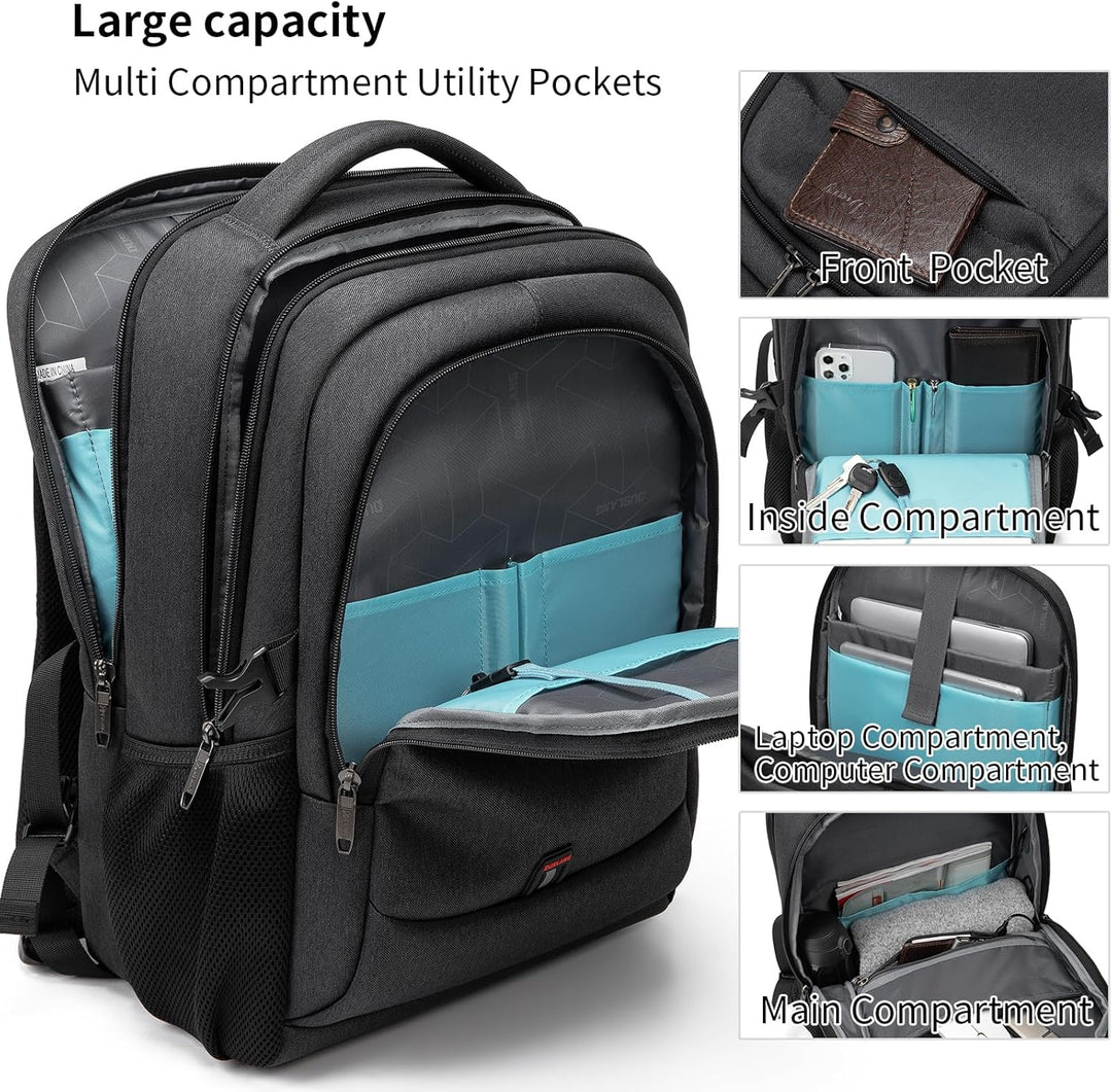 Light grey durable commuter laptop backpack, water-resistant, USB port, anti-theft pockets.