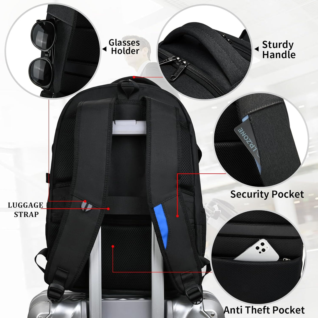 Rose unisex travel backpack with USB port, water-resistant, smart organization for tech.