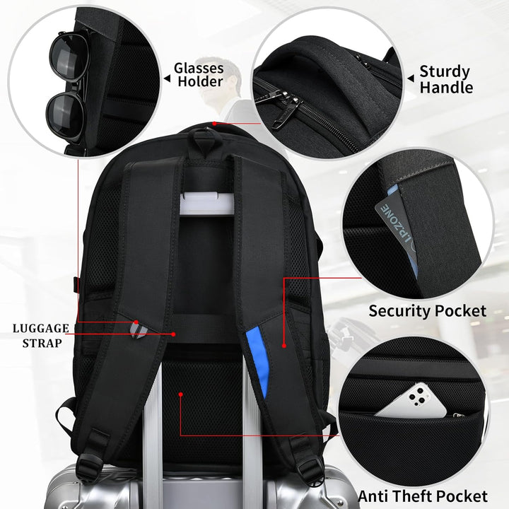 Rose unisex travel backpack with USB port, water-resistant, smart organization for tech.