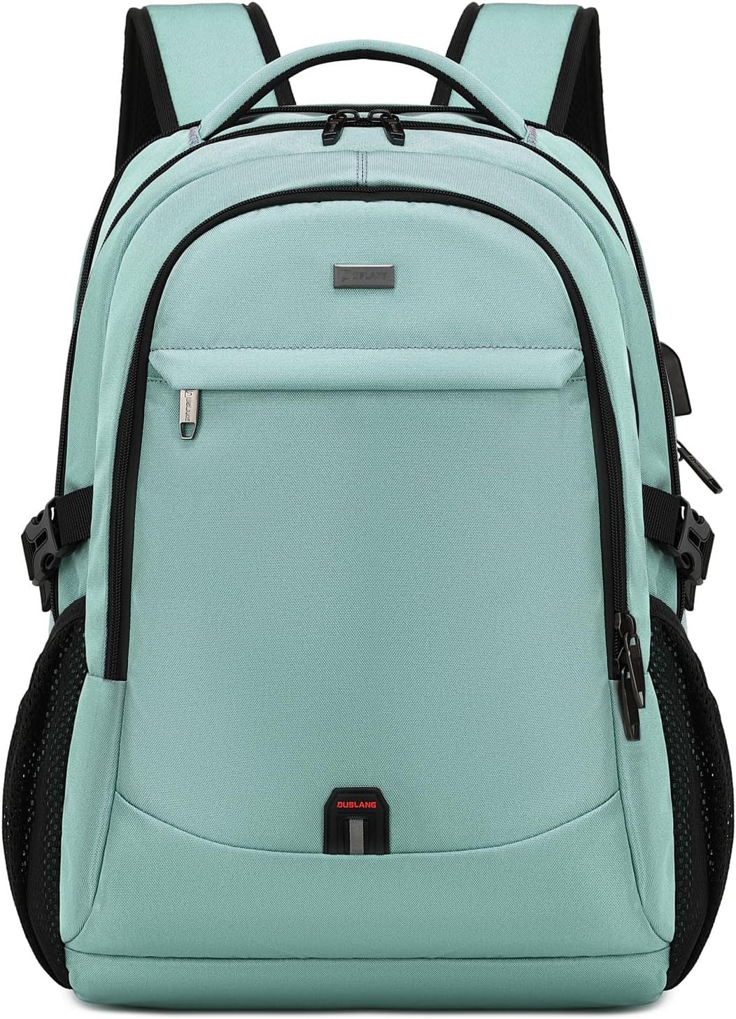 Blue durable anti-theft backpack, water-resistant, USB port, organized for travel & daily use.