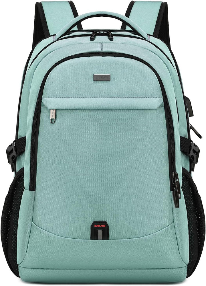 Blue durable anti-theft backpack, water-resistant, USB port, organized for travel & daily use.