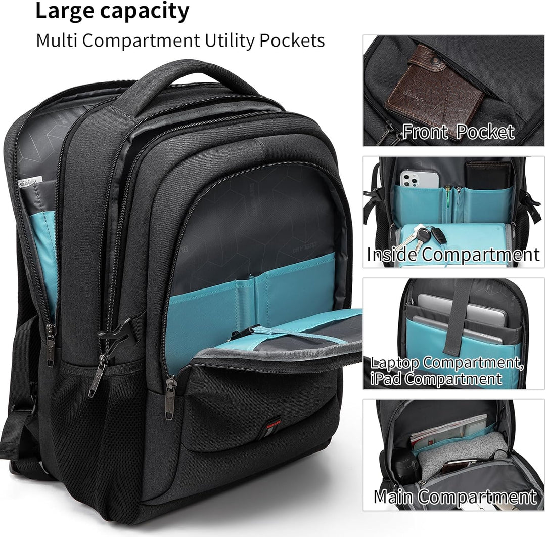 Dark grey unisex water-resistant travel backpack with USB port & smart storage for any journey.