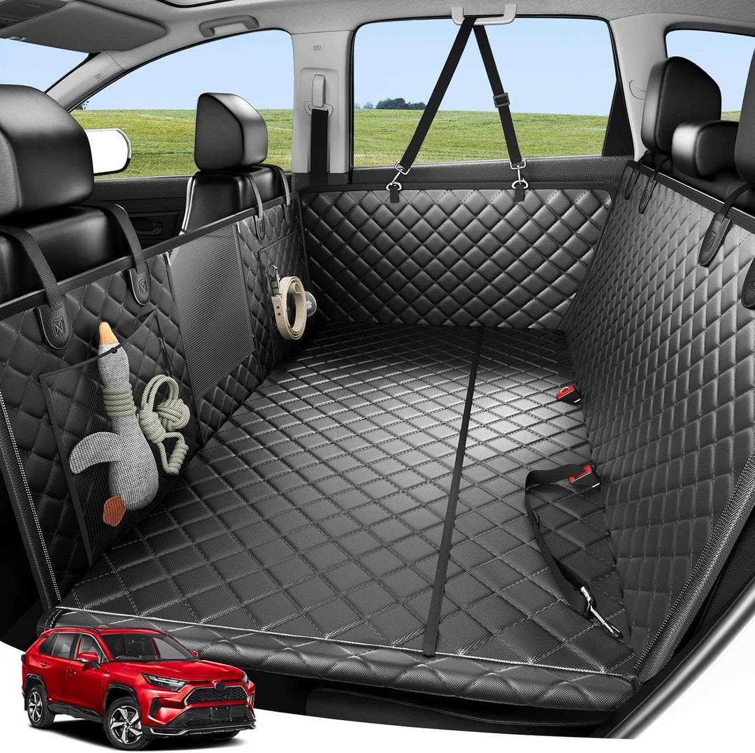 Waterproof triple panel backseat car protector for large dogs. Ideal for pet travel, safety & keeping your car clean.