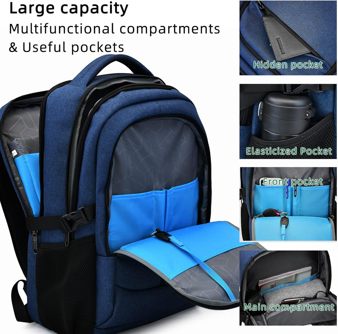 Blue water-resistant travel backpack, USB charging port, smart storage for long journeys.