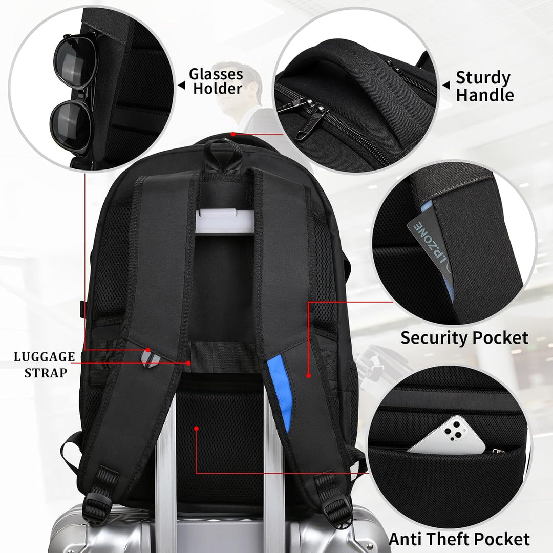 Blue durable anti-theft laptop backpack, water-resistant, USB port, organized for daily travel.