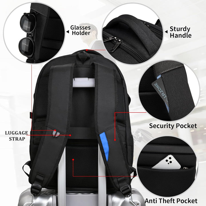 Blue durable anti-theft laptop backpack, water-resistant, USB port, organized for daily travel.