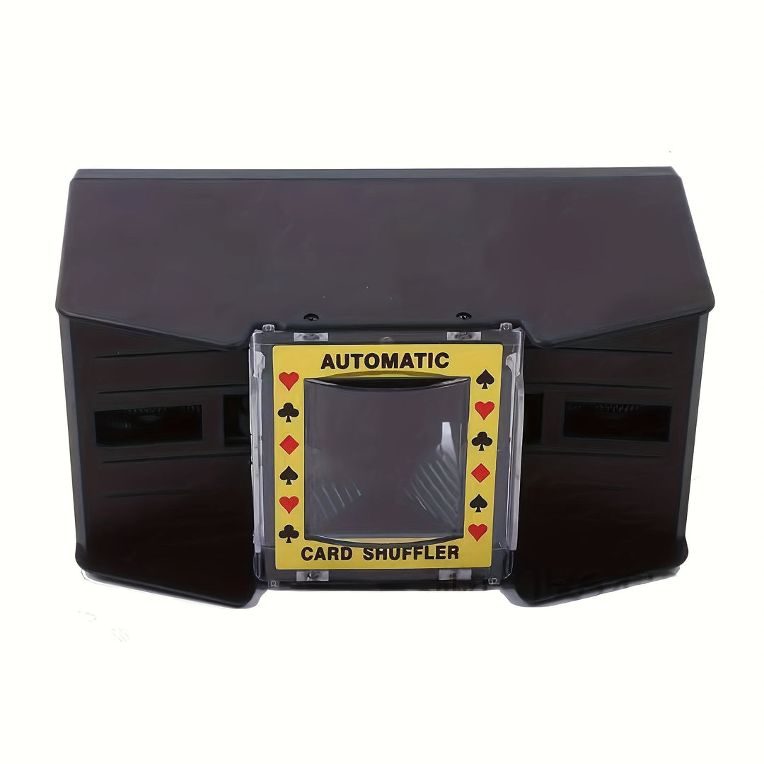 Two decks of playing cards loaded into an automatic card shuffler, ready for a fair shuffle.