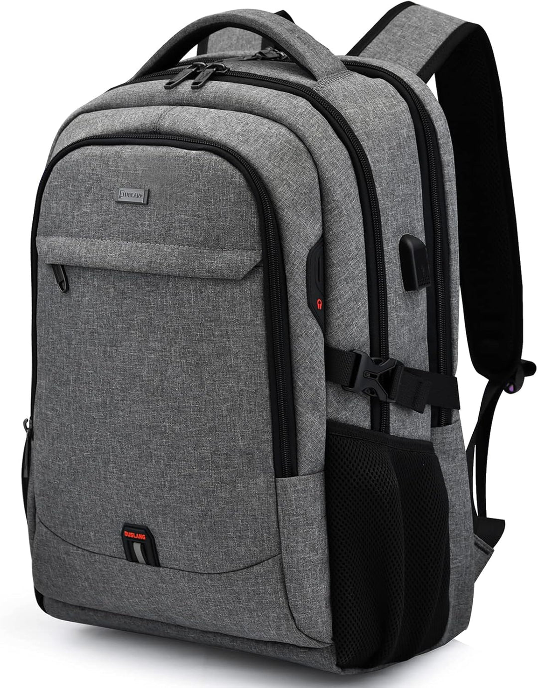 Blue durable anti-theft laptop backpack, water-resistant, USB port, organized for daily travel.