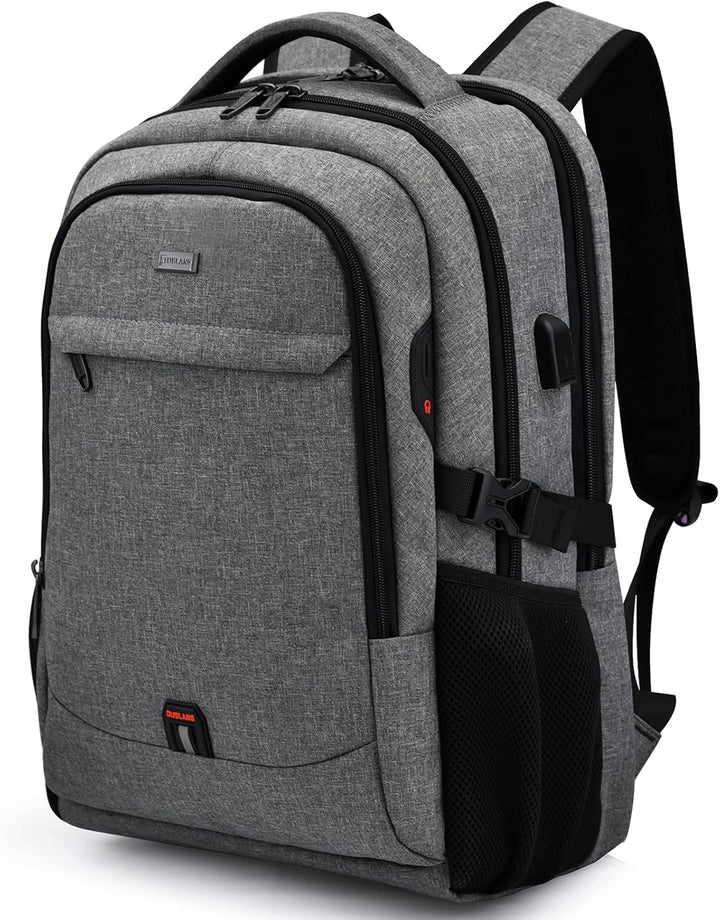 Blue durable anti-theft laptop backpack, water-resistant, USB port, organized for daily travel.