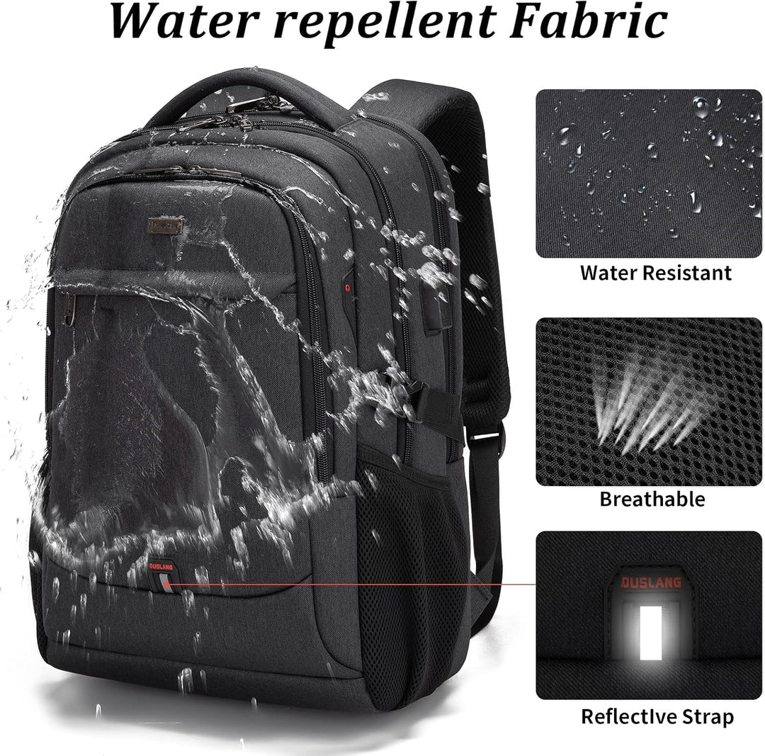 Blue unisex anti-theft backpack, water-resistant, with USB port & organized compartments.