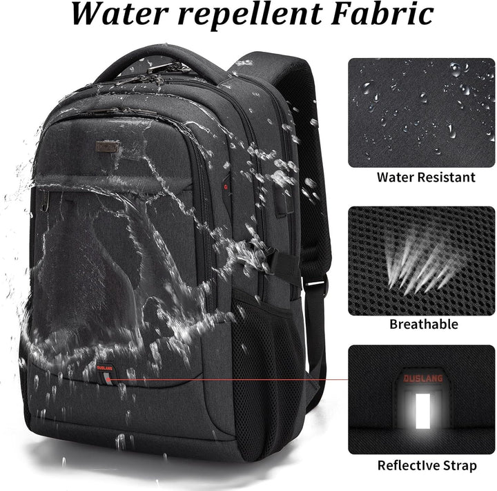 Blue unisex anti-theft backpack, water-resistant, with USB port & organized compartments.