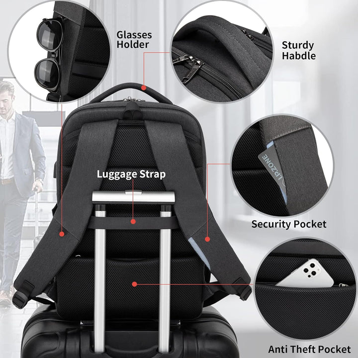 Dark grey carry-on travel backpack, water-resistant, USB port, smart storage for business trips.