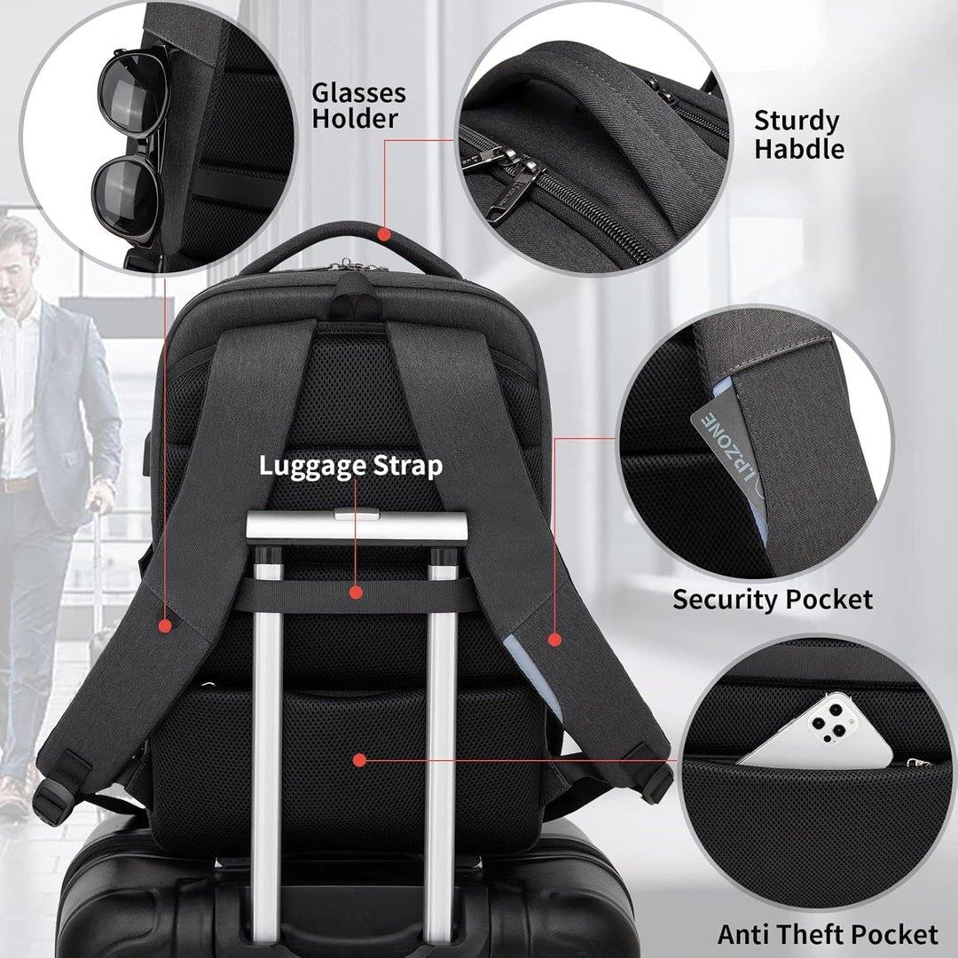 Blue school & work backpack, water-resistant, USB port, organized for students & professionals.