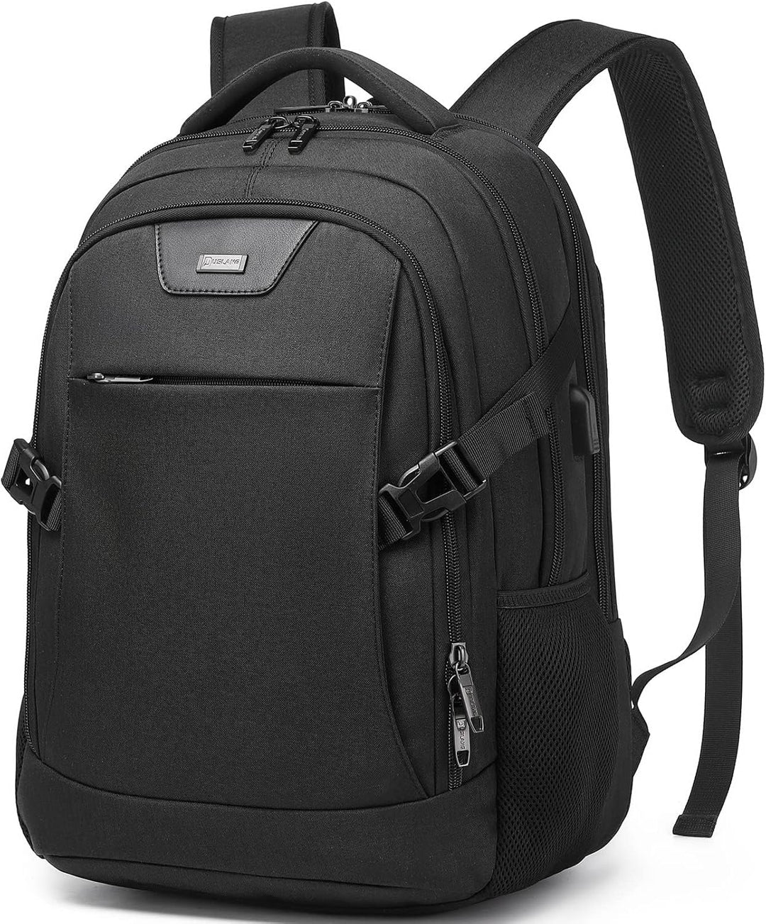 Dark grey anti-theft tech travel backpack, water-resistant, USB port, organized laptop area.