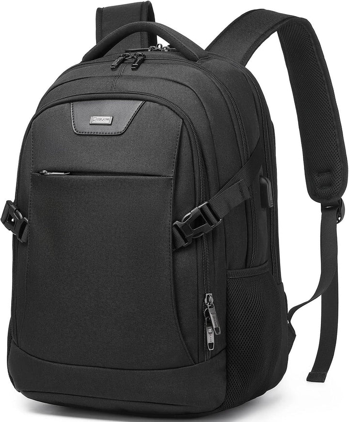 Dark grey anti-theft tech travel backpack, water-resistant, USB port, organized laptop area.