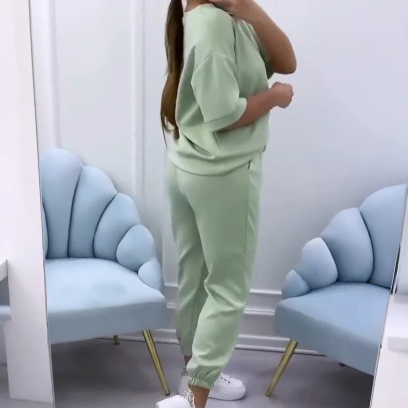 Chic women's short sleeve lounge set, a comfortable & relaxed fit two-piece ideal for stylish summer outfits.