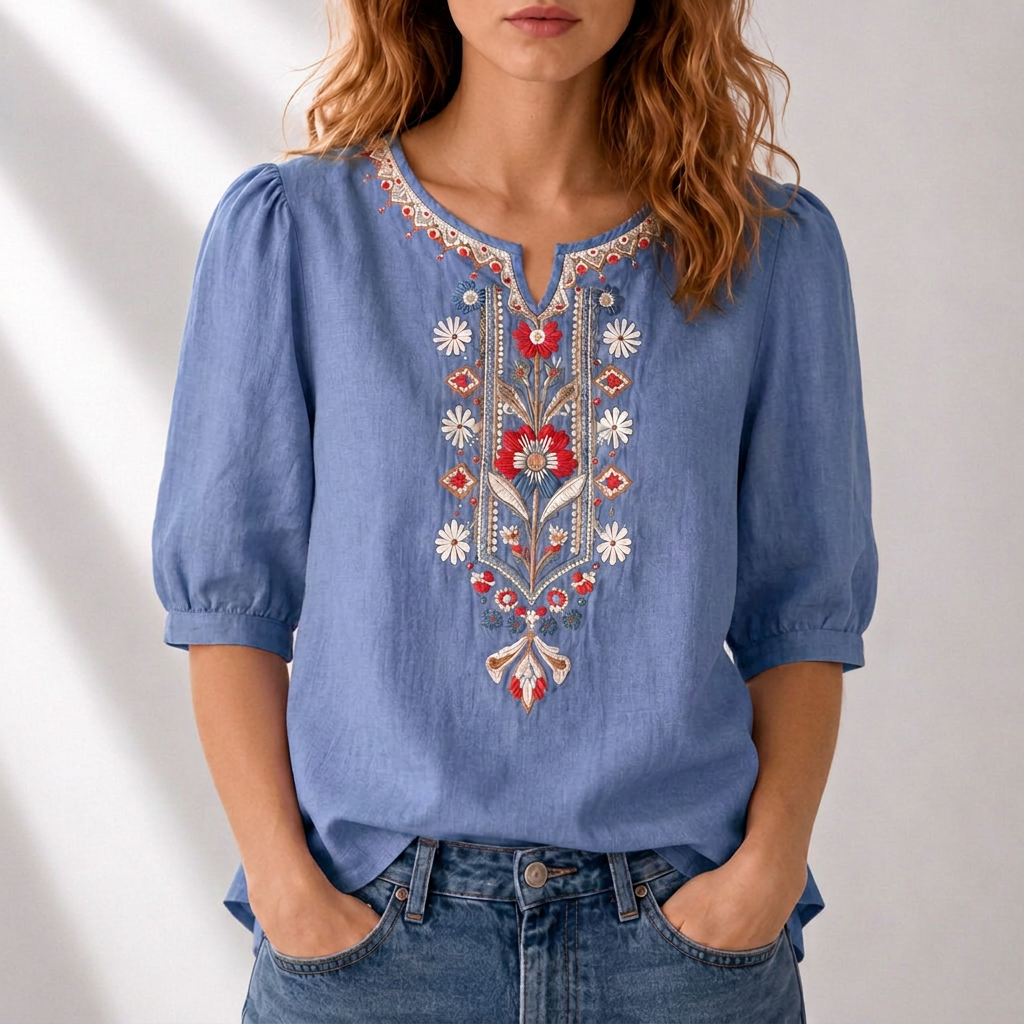 Women's elegant embroidered shirt, vibrant floral patterns, relaxed fit. Perfect for spring/summer style.